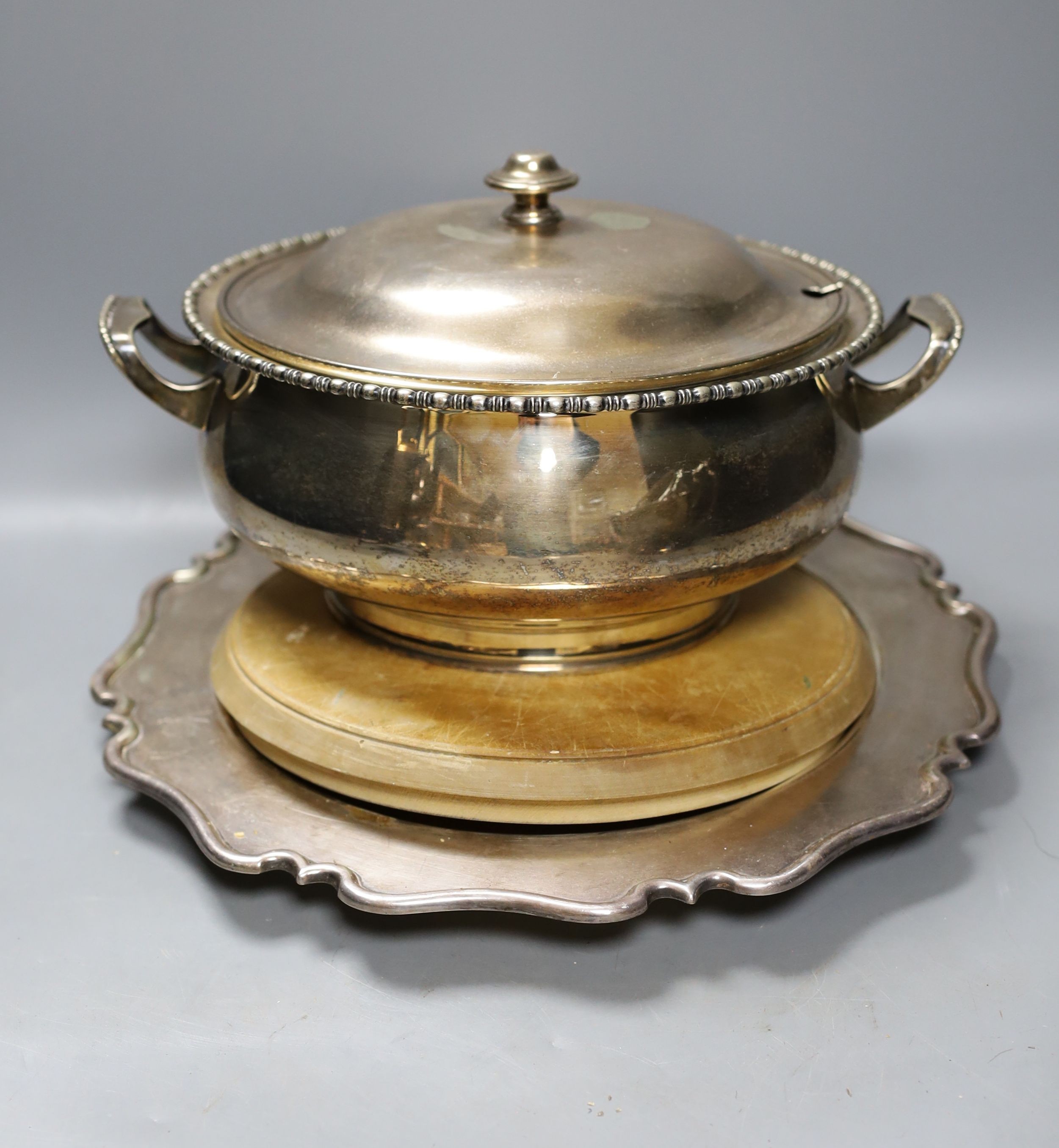 Five items of silver plate including tea kettle on burner stand, 36 cms high.
